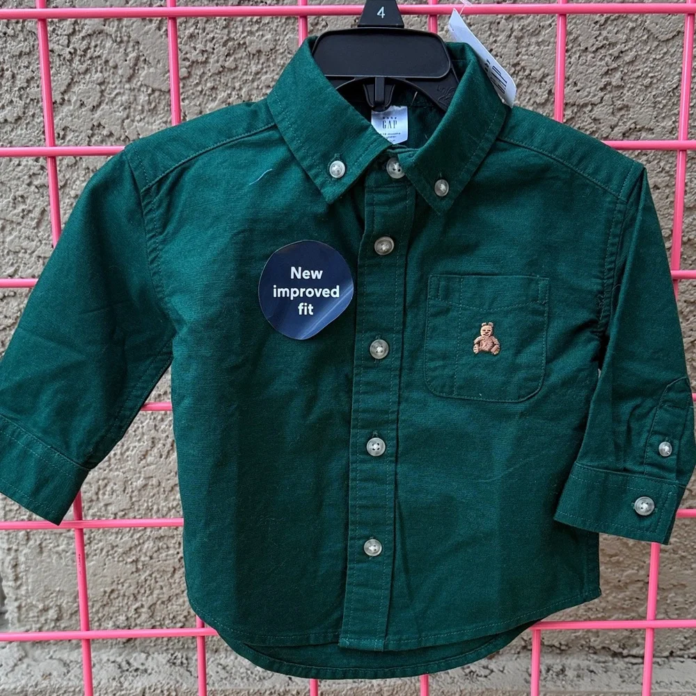New GAP Dark Green Kids Button Down Cotton Shirt with Bear Embroidery